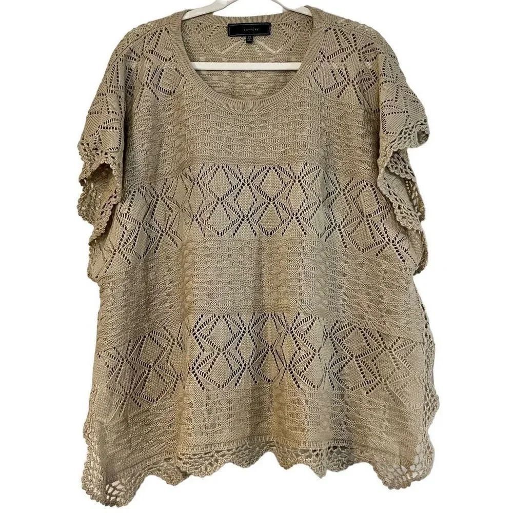 Lumiere Women’s Tan Knit Crochet Poncho Blouse One Size